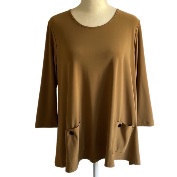 Sun Kim Neutral Taupe Stretchy Slinky Jersey Knit 3/4 Sleeve Swing Tunic - Picture 1 of 13
